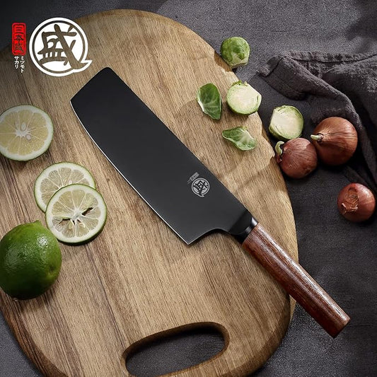 MITSUMOTO SAKARI 7-Inch Japanese Nakiri Knife, Black Titanium Coated | Flat Nakiri edge for vegetable push cuts, black titanium coating, German alloy steel, walnut handle