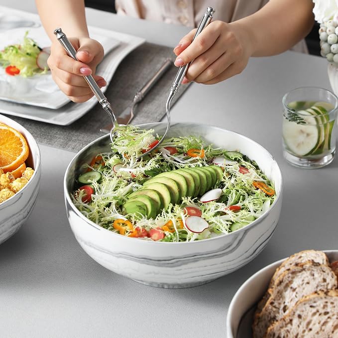 MALACASA Salad Bowls, 114 OZ(10") Extra Large Serving Bowls Set of 2, Porcelain Marble Grey Bowls Set for Soup, Salad, Ramen and Fruit, Dishwasher& Microwave Safe, Series REGULAR