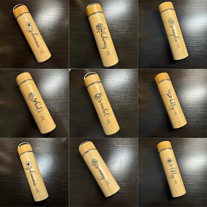 Bamboo Water Tumbler Personalize Travel Mug Custom Engraved Tea Tumbler with Infuser Wooden Bottle Birthday Gift Flower for Tea Lover, Mom, Women Tea Infuser (BB004-17oz, 17 oz)
