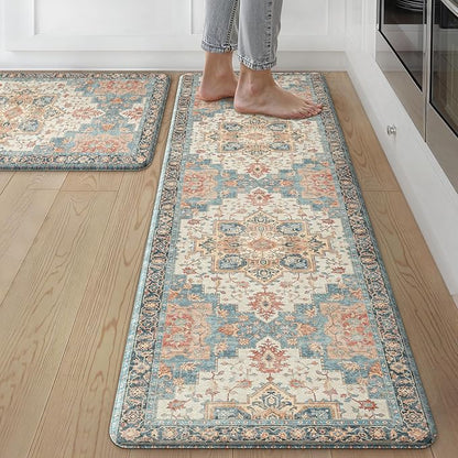 GENIMO Kitchen Mats for Floor 2PCs, Washable Anti Fatigue Mat for Cushioned, 17.3"x59"+17.3"x30", Waterproof Kitchen Rugs, Non Slip Comfort Standing Mat Rug for Home, Sink, Laundry, Blue&Salmon
