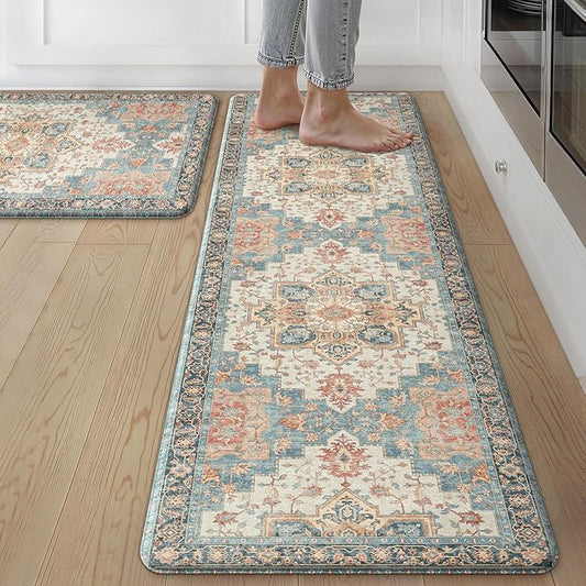 GENIMO Kitchen Mats for Floor 2PCs, Washable Anti Fatigue Mat for Cushioned, 17.3"x59"+17.3"x30", Waterproof Kitchen Rugs, Non Slip Comfort Standing Mat Rug for Home, Sink, Laundry, Blue&Salmon