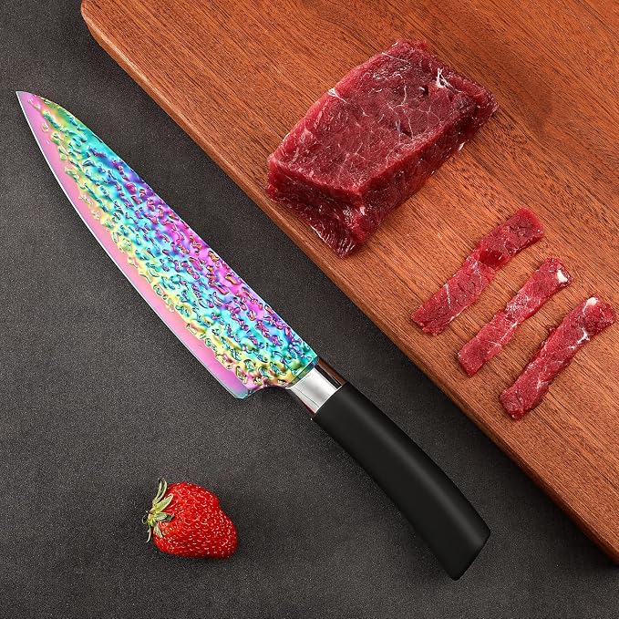 Rainbow Titanium Knife Set, Sharp Stainless Steel Knives Set with Acrylic Block,Sharpener, 6 Steak Knives, Cutlery Knife Block Set, Chef Quality for Home & Pro Use, Best Gift, Black Handle