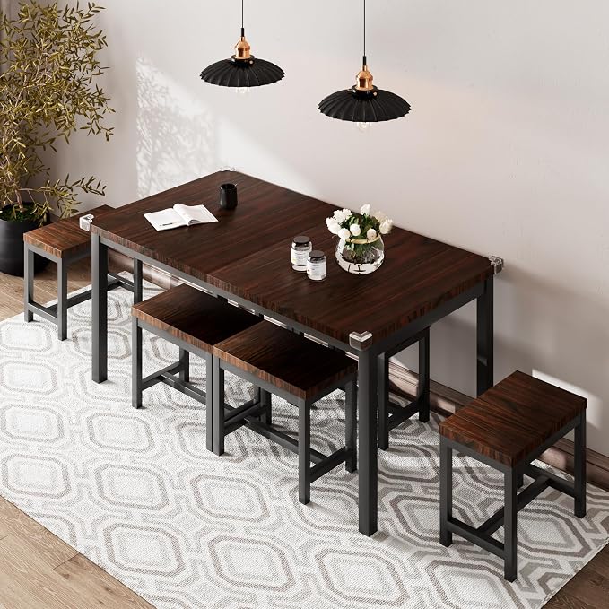 iPormis 7-Piece Dining Table Set with 6 Stools, 63" Extendable Kitchen Table Set for 4-8, Modern Dining Room Table with Sturdy Metal Frame, Space-Saving Dinette, Espresso