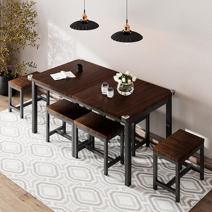 iPormis 7-Piece Dining Table Set with 6 Stools, 63" Extendable Kitchen Table Set for 4-8, Modern Dining Room Table with Sturdy Metal Frame, Space-Saving Dinette, Espresso