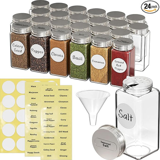 Simple Houseware Spice Jars 4 Ounce Square Glass Bottles with Shaker Lids, Funnel and Labels for Seasoning & Storage, 24 Pack