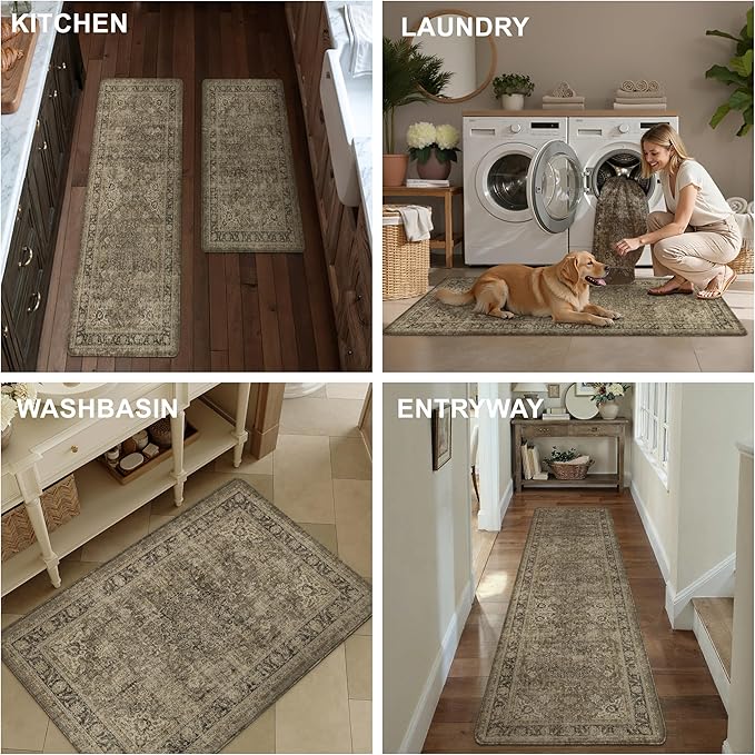 Vintage Kitchen Mats for Floor Anti Fatigue Waterproof Kitchen Rugs Sets of 2 Brown Cushioned Non-Slip Kitchen Mats Comfort Standing Mat for Sink Laundry Office 17.3"×47"+17.3"×30"