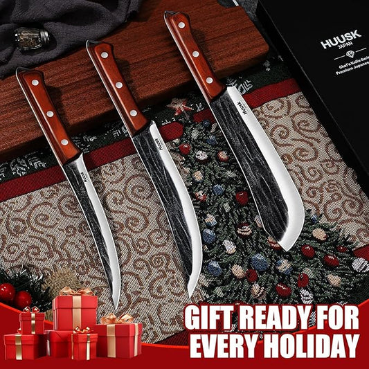 Huusk Butcher Knife Set for Meat Cutting, 3PCS Carving BBQ Brisket Knives, Hand-forged Kitchen Knive Set with Ergonomic Handle, Gifts for Men Women