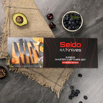 Seido Knives 5-Piece Damascus Master Chef Knife Set - Includes Gyuto, Santoku, Nakiri, Paring Knives - High-Carbon Stainless Steel Kitchen Knives