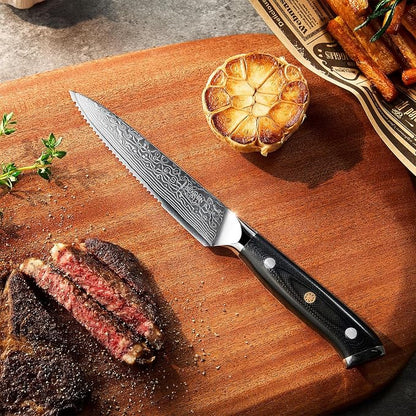 Senken 4-Piece Damascus Steak Knife Set with Full-Body G10 Handles - Shogun Collection - Full-Tang Serrated Steak Knives Forged from Japanese VG10 Steel