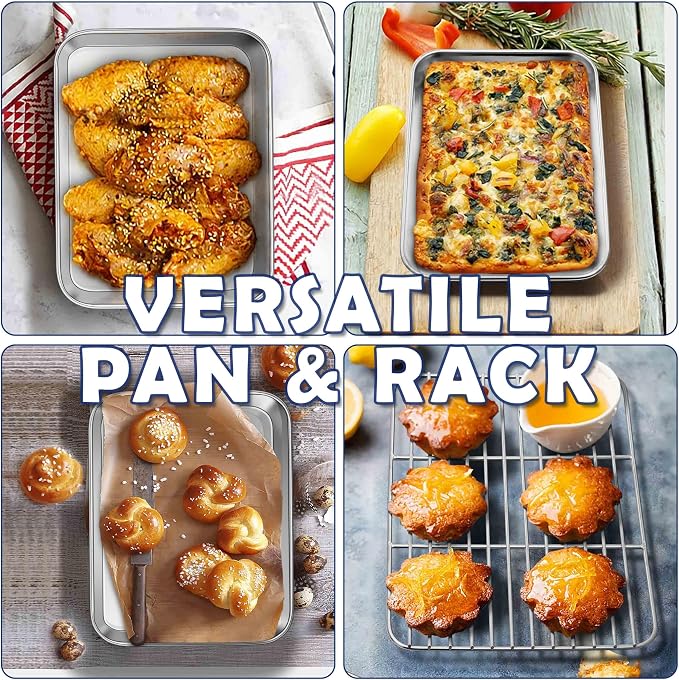 10.4 Inch Baking Sheet Pan with Rack Set, Joyfair Stainless Steel Toaster Oven Pans Tray & Cooling Racks for Cookie/Jelly Roll/Bacon/Meat, Commercial Metal & Rust-free, Dishwasher Safe