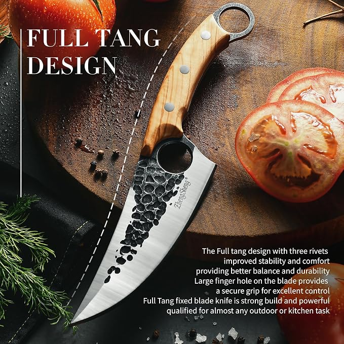 ZhengSheng Forged Viking Kitchen Knife with Olive Wood Grip & Protective Leather Sheath, Perfect for Home Cooking, Camping and BBQ