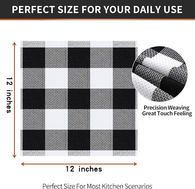 Homaxy 100% Cotton Waffle Weave Check Plaid Dish Cloths, 12 x 12 Inches, Super Soft and Absorbent Dish Towels Quick Drying Dish Rags, 6-Pack, White & Black