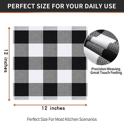 Homaxy 100% Cotton Waffle Weave Check Plaid Dish Cloths, 12 x 12 Inches, Super Soft and Absorbent Dish Towels Quick Drying Dish Rags, 12-Pack, White & Black