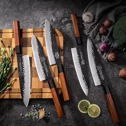 FAMCÜTE 8‘’ Engraved Custom Japanese Knife, Hand-Forged Chef Knife with 5-Layer 9CR18MOV Steel and Non-Slip Rosewood Handle Kitchen Knife, Christmas Gift for People Who Love to Cook in Sandalwood Box