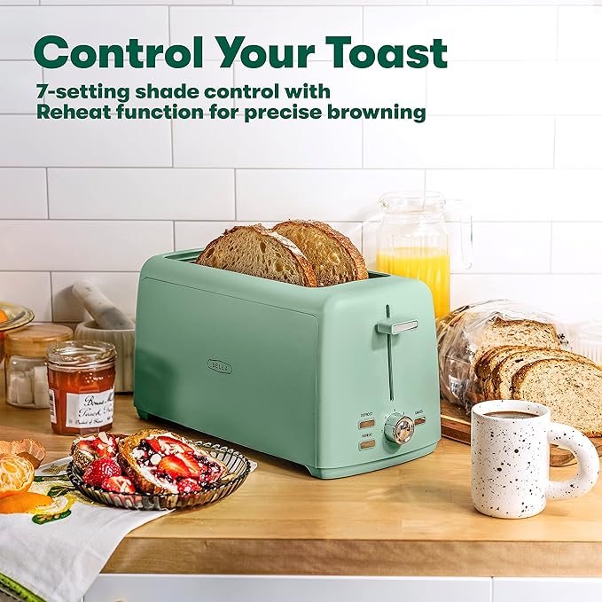 BELLA 4 Slice Toaster, Long Slot & Removable Crumb Tray - 7 Shading Options with Auto Shut Off, Cancel & Reheat Button - Toast Bread & Bagel, Sage