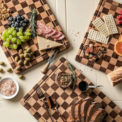 THETCHRY Cutting Boards for Kitchen, Checkered Cutting Board Upgraded, Acacia Wood Chopping Board with Juice Grooves & Handles, Large Butcher Block Serving Tray with Gift Box, 17"X12"X0.8"
