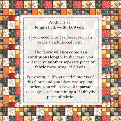 Autumn Patchwork Cotton Fabric Panel 61 x 36.6 Inches, Vintage Quilt Style Floral Printed Cotton Sewing Fabric, 140 GSM