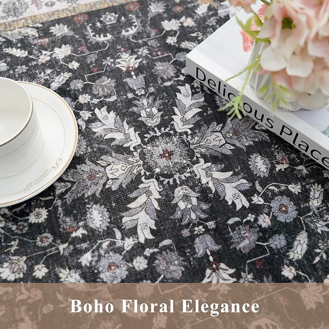 2x8ft Kitchen Rug Runners Washable Non Slip – Boho Floral Carpet Runner for Hallway, Bathroom, Bedroom, Entryway – Soft Low-Pile Thin Long Kitchen Floor Rug (Black, 2x8)