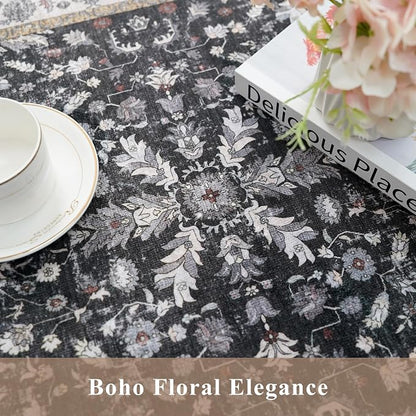 2x8ft Kitchen Rug Runners Washable Non Slip – Boho Floral Carpet Runner for Hallway, Bathroom, Bedroom, Entryway – Soft Low-Pile Thin Long Kitchen Floor Rug (Black, 2x8)