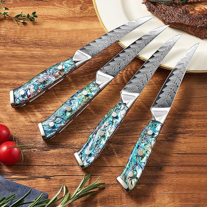 SENKEN 11-Piece Damascus Knife Block Set with Abalone Shell Handle - "Umi" Collection Japanese Chef Knife Set - 67-Layer Japanese VG10 Steel, Chef's Knife, Santoku, Paring, 4 Steak Knives & More