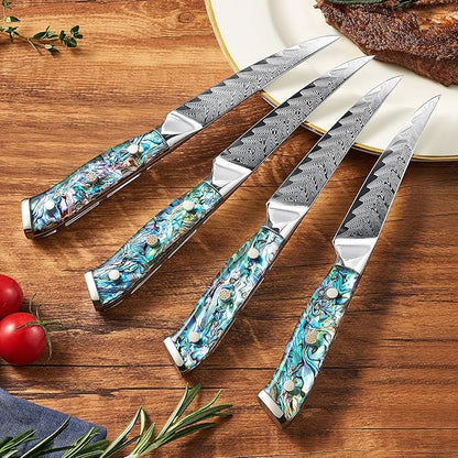 SENKEN 11-Piece Damascus Knife Block Set with Abalone Shell Handle - "Umi" Collection Japanese Chef Knife Set - 67-Layer Japanese VG10 Steel, Chef's Knife, Santoku, Paring, 4 Steak Knives & More