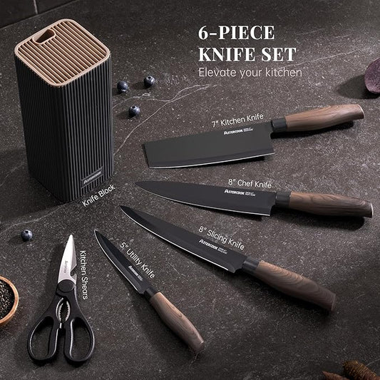 Astercook Knife Set, 6-Piece Kitchen Knife Set with Block, High Carbon Stainless Steel Ultra Sharp Kitchen Knives, Wood Grain Handle, Dishwasher Safe Knife Block Set, Black, Kitchen Utility Knives
