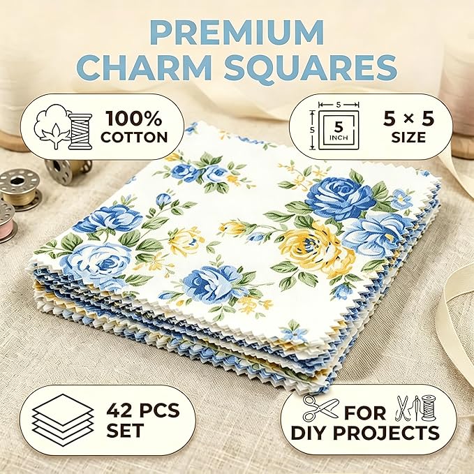 Nodsaw 42pcs 5" Vintage Blue Floral Cotton Fabric Squares - Precut Fabric Quilting Charm Pack - Assorted Print Quilt Fabric Squares 5x5 inch for Sewing, DIY Crafts, and Home Decor, Sunshine Blooms