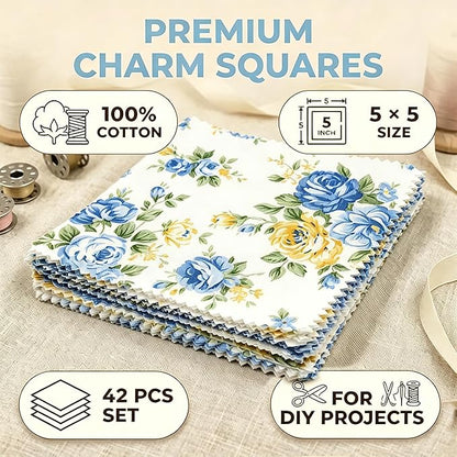Nodsaw 42pcs 5" Vintage Blue Floral Cotton Fabric Squares - Precut Fabric Quilting Charm Pack - Assorted Print Quilt Fabric Squares 5x5 inch for Sewing, DIY Crafts, and Home Decor, Sunshine Blooms