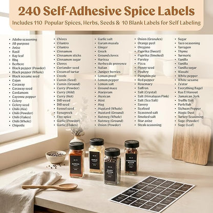 EDELHAUS Glass Spice Jars with Labels (24 x 4oz) Spice Containers with 240 Labels, Shaker Inserts, Funnel, Empty Square Empty Square Seasoning Organizer (Black Lids)