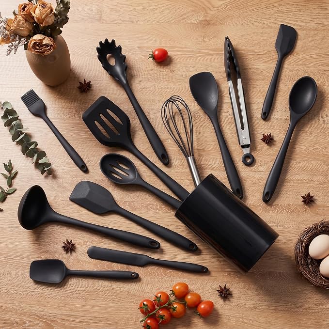 LIANYU 14 Pcs Silicone Kitchen Utensils Set with Holder, 446°F Heat Resistant Silicone Cooking Kitchen Utensils Spatula Set, Non-Stick & Dishwasher Safe Cooking Tools, Comfort Grip Handle, Black