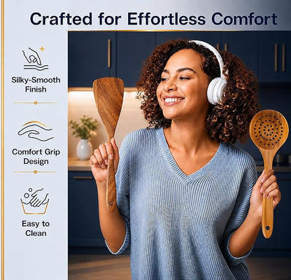 9-Piece Teak Wooden Utensil Set – Wooden Spoons for Cooking with Spoon Rest, Wooden Spatula, and Non Toxic Cooking Utensils – Premium Kitchen Utensils Set for Daily Use