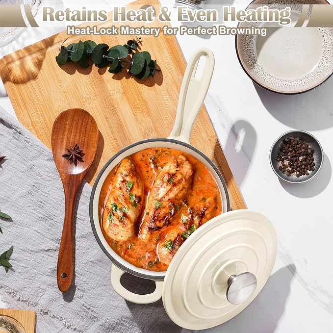 E-far 1Qt & 2Qt Sauce Pan Set, Enameled Cast Iron Saucepans Pot with Self-basting Lids, Heavy Duty Small Dutch Oven for Stove, Induction-Ready & Easy Clean, Cream