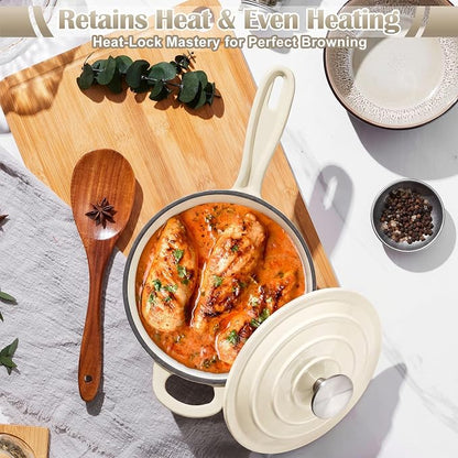 E-far 1Qt & 2Qt Sauce Pan Set, Enameled Cast Iron Saucepans Pot with Self-basting Lids, Heavy Duty Small Dutch Oven for Stove, Induction-Ready & Easy Clean, Cream