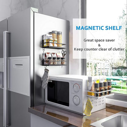 Magnetic Spice Rack with 4 Removable Hooks, Strong Magnet Spice Shelf for Spices, Cooking Oils, Salt, Pepper, Works Perfectly on the Side of Refrigerator for Small Kitchen/Apartment (White)