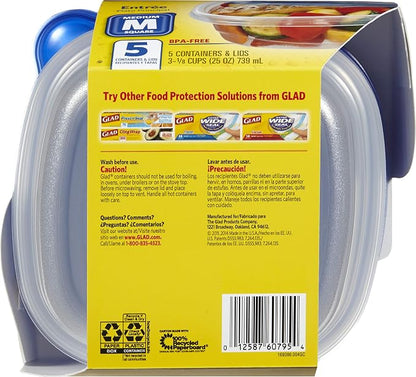 GladWare Entree Food Storage Containers, Medium Square Holds 25 Ounces of Food, 5 Count Set | Tupperware, Plastic Food Container, Meal Prep Container, Plastic Containers with Lids