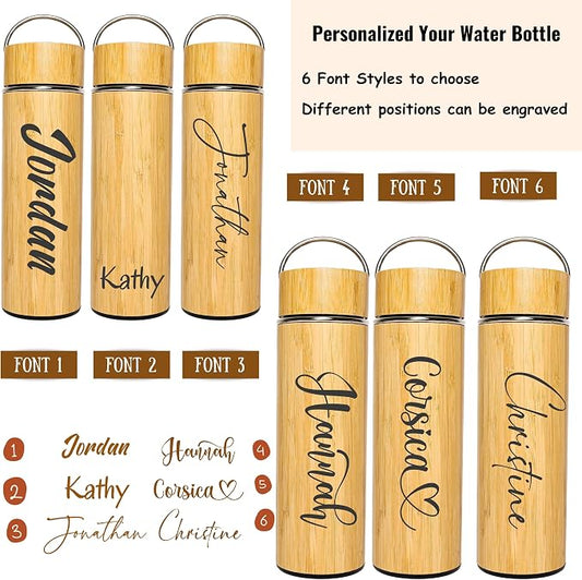 Custom Name Engraved Bamboo Water Tumbler Corporate Gift Personalized with Company Logo Wooden Insulated Travel Mug Employee Appreciation Business Gift, Tea Bottle with Infuser.