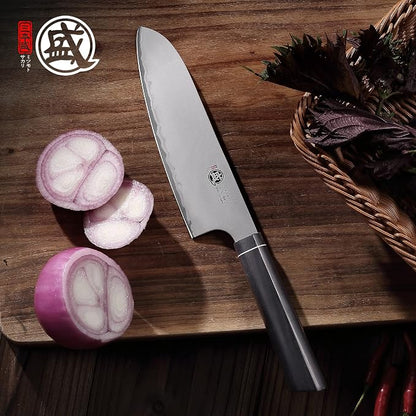 MITSUMOTO SAKARI Santoku Chef Knife 7 Inch, Japanese VG-10 Hand Forged Kitchen Knife for Meat & Vegetables, G10 Handle with Sandalwood Box