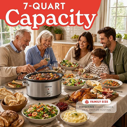 Gourmia Slow Cooker - 7 Quart Removable Ceramic Pot, Manual Controls with 3 Temperature Settings, Dishwasher Safe Crock and Glass Lid, Stainless Steel