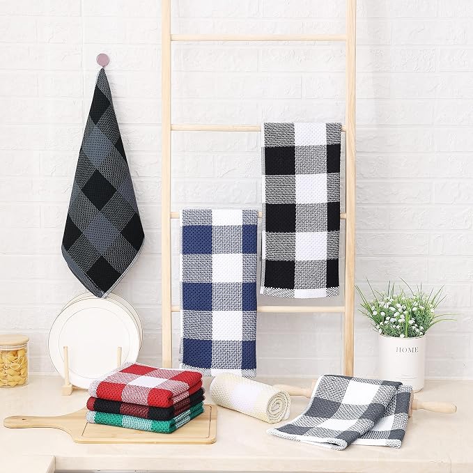 Homaxy 100% Cotton Waffle Weave Check Plaid Kitchen Towels, 13 x 28 Inches, Super Soft and Absorbent Dish Towels for Drying Dishes, 6-Pack, Black & Red