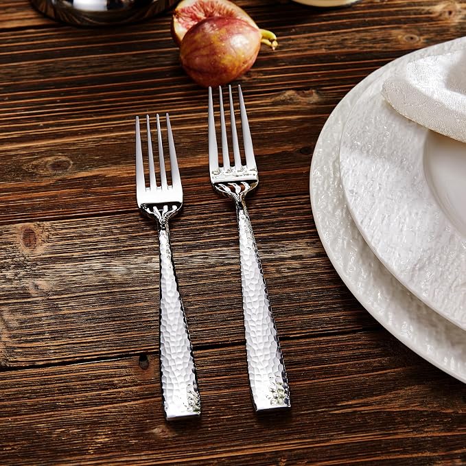 KEAWELL Premium 4-Piece 8.3" Louis Hammered Dinner Fork Set, 18/10 Stainless Steel, Squared Edge with Smooth Rounded Edges for Comfort, Dishwasher Safe (4, 8.3" Dinner Fork)