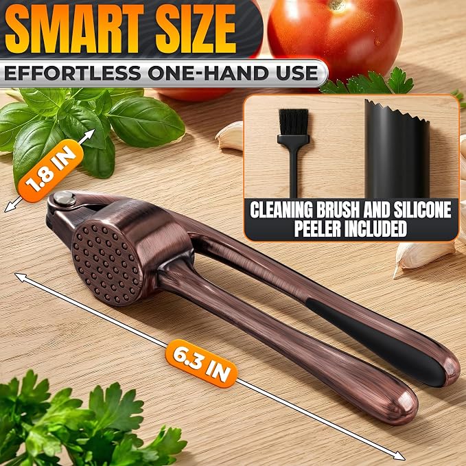 Stainless Steel Garlic Press Set with Silicone Garlic Peeler and Cleaning Brush - Ginger Mincer with 37 Built-In Studs, Rust-Resistant, Ergonomic Handle, No Peel Needed, Dishwasher Safe, Copper Color