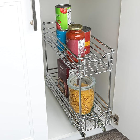 Household Essentials Glidez 2‑Tier Multipurpose Chrome‑Plated Steel Pull‑Out/Slide‑Out Under Cabinet Organizer, Chrome Finish