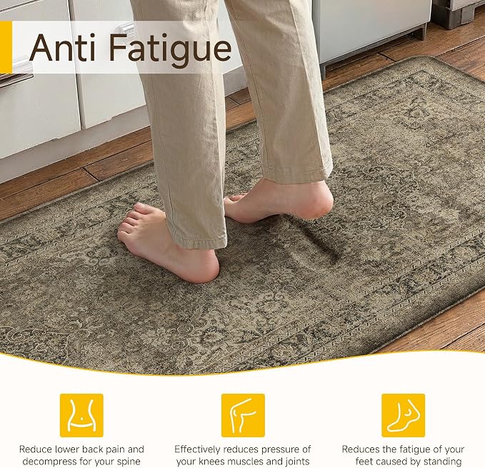 Vintage Kitchen Mats for Floor Anti Fatigue Waterproof Kitchen Rug Brown Cushioned Non-Slip Kitchen Mats Comfort Standing Mat for Sink Laundry Office 17.3"×47"
