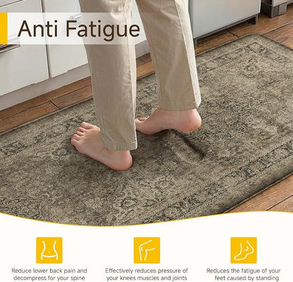 Vintage Kitchen Mats for Floor Anti Fatigue Waterproof Kitchen Rug Brown Cushioned Non-Slip Kitchen Mats Comfort Standing Mat for Sink Laundry Office 17.3"×47"