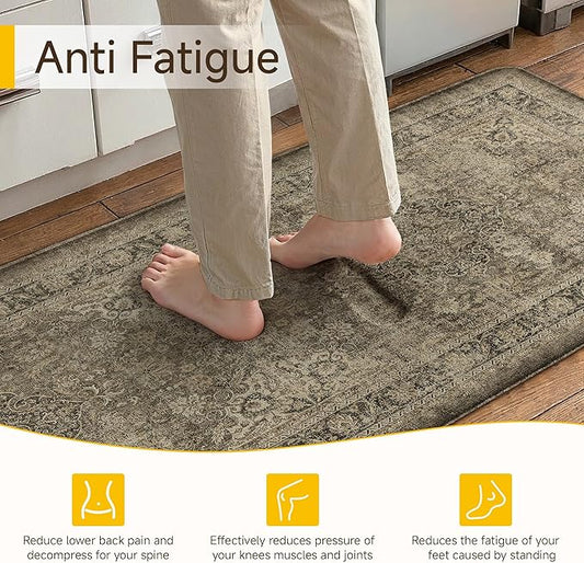 Vintage Kitchen Mats for Floor Anti Fatigue Waterproof Kitchen Rugs Sets of 2 Brown Cushioned Non-Slip Kitchen Mats Comfort Standing Mat for Sink Laundry Office 17.3"×59"+17.3"×30"