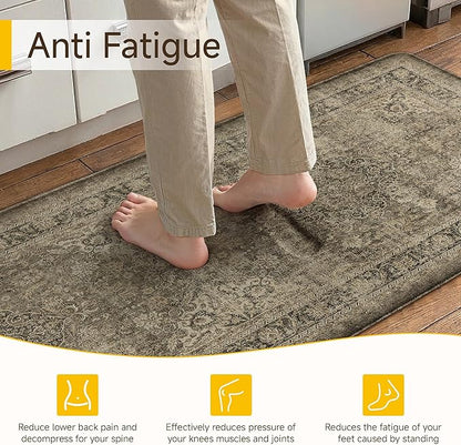 Vintage Kitchen Mats for Floor Anti Fatigue Waterproof Kitchen Rugs Sets of 2 Brown Cushioned Non-Slip Kitchen Mats Comfort Standing Mat for Sink Laundry Office 17.3"×47"+17.3"×30"