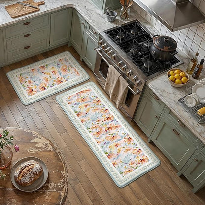 Anti Fatigue Kitchen Mats 2PCS Thick Non Slip Cushioned Rugs Blue Abstract Floral Waterproof Comfort Standing Mats for Floor Sink Laundry Office 17.3"×47"+17.3"×30"
