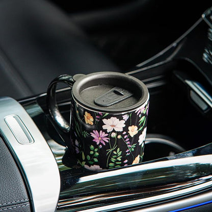 Topadorn 17oz Black Wildflower Ceramic Travel Mug with Lid, Dark Floral Coffee Cup, Microwave & Dishwasher Safe, Gift Box Included