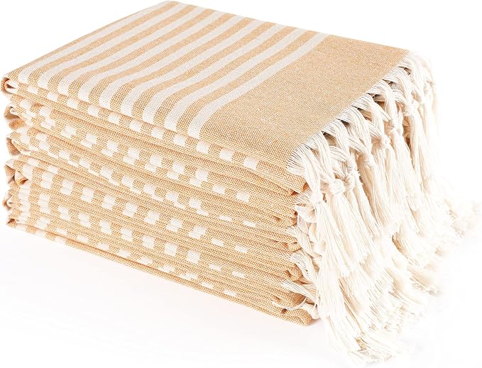 TWINY threads Set of 6 100% Cotton Turkish Kitchen Towels with Hanging Loop & Tassels (18" X 28") | Ultra Washcloth with Fringes | Reusable Hand Towels - Mustard Yellow
