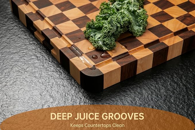THETCHRY Cutting Boards for Kitchen, Checkered Cutting Board Thickened, Walnut & Rubber Wood Chopping Board with Juice Groove & Handle, Double-sided Butcher Block with Gift Box, 16.5" x 11.6" x 1.2"